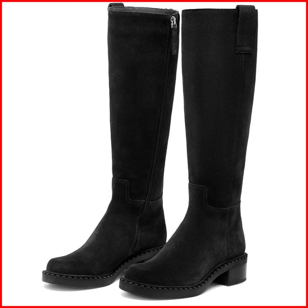 Black Knee-High Heeled Boots - Women's Faux Leather Riding Style. Side zipper.
